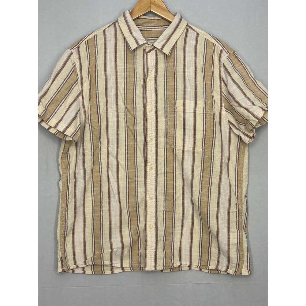 American Eagle Button Up Shirt Mens Beige Striped Cotton Short Sleeve Outdoor L